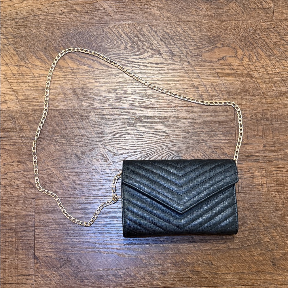 Black Faux Leather Bag with Gold Removable Chain